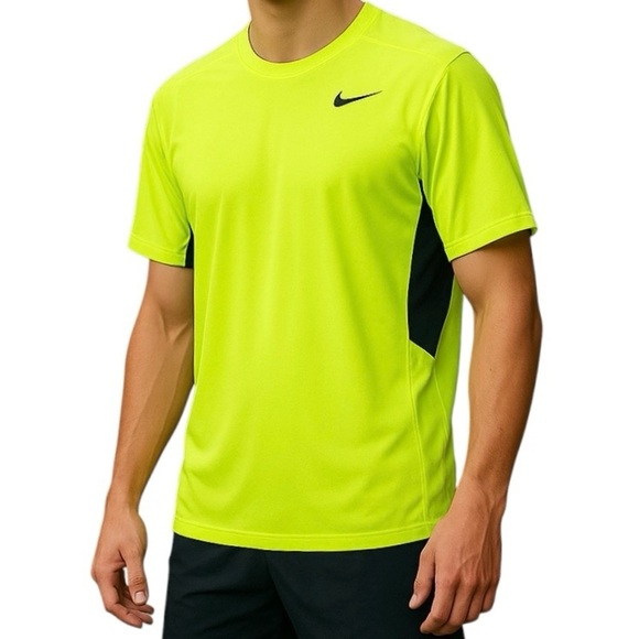 NIKE Mens Dri-fit Work out Shirt Short sleeve Fluoresce green/yellow Black - Picture 1 of 6